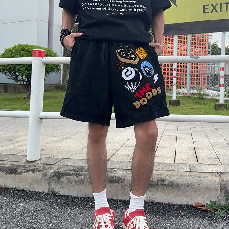 126KID 美式复古植绒刺绣运动短裤男女夏季宽松抽绳五分裤卫裤
