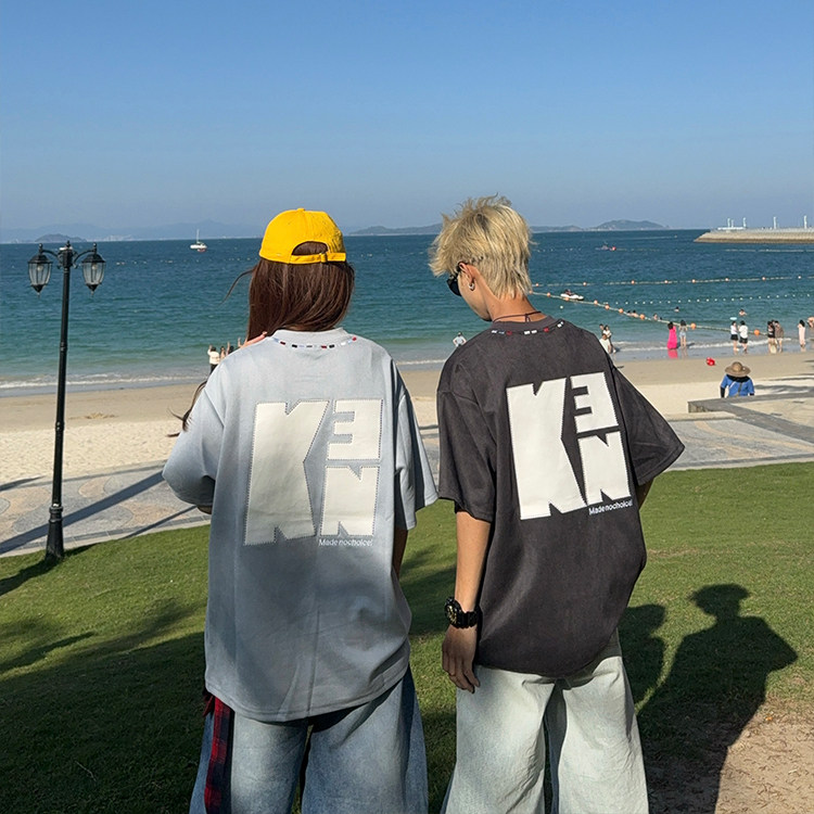 126KID 美式复古字母贴布刺绣短袖T恤男女夏季国潮牌情侣上衣tee,男装,T恤,淘宝优惠券,粉丝福利购,淘宝优惠卷