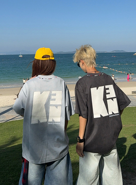 126KID 美式复古字母贴布刺绣短袖T恤男女夏季国潮牌情侣上衣tee