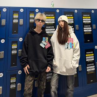 外套 复古魔术贴刺绣连帽卫衣男女秋冬情侣国潮牌帽衫 126KID 美式