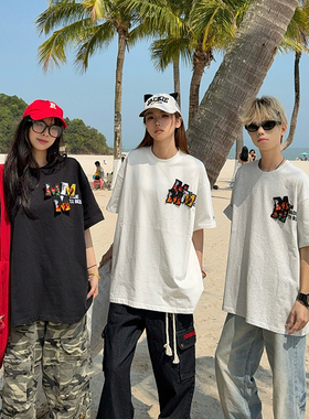 126KID 美式字母魔术贴刺绣短袖T恤男女国潮牌夏季情侣上衣tee