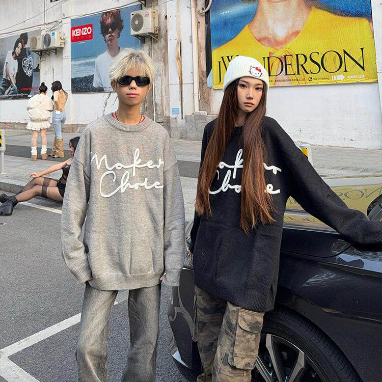 美式复古慵懒风字母圆领毛衣