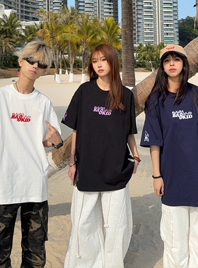 126KID 美式复古小火苗刺绣短袖T恤男女潮牌夏季新款宽松情侣上衣