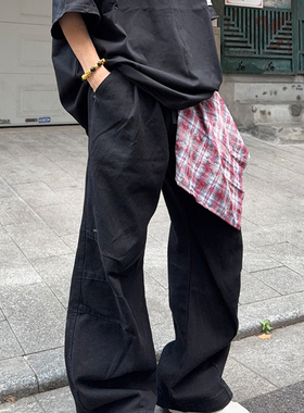126KID 美式设计感可拆卸拉链方巾牛仔裤男女黑色宽松弯刀休闲裤