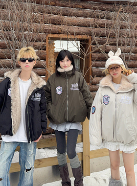 126KID 美式字母刺绣立领棉服男女秋冬新款情侣座山雕外套派克服