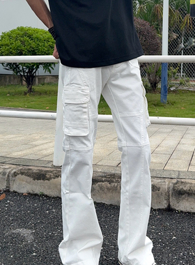 126KID 美式复古cleanfit微喇多口袋工装裤男女白色显瘦休闲长裤