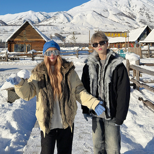 126KID 复古双层座山雕外套棉服男女宽松情侣加厚保暖棉衣 美式