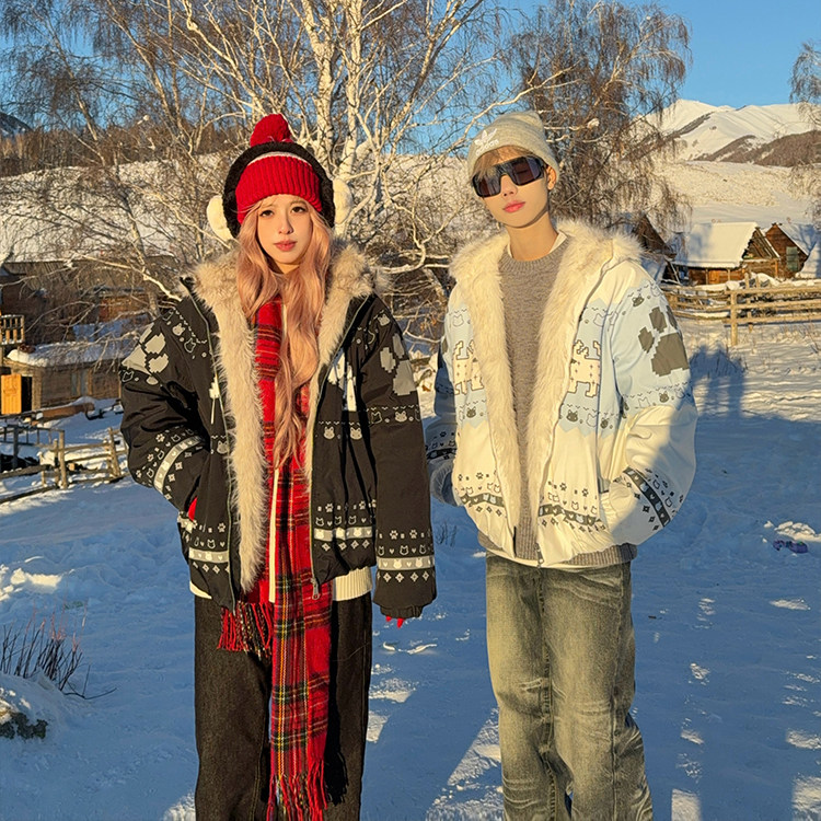 美式复古费尔岛小狗连帽棉服