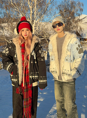 126KID 美式复古费尔岛小狗印花毛领连帽棉服男女秋冬加厚棉衣