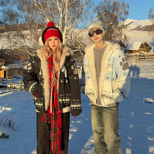 126KID 复古费尔岛小狗印花毛领连帽棉服男女秋冬加厚棉衣 美式