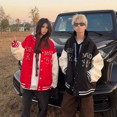 美式潮牌钉珠棒球服毛呢外套