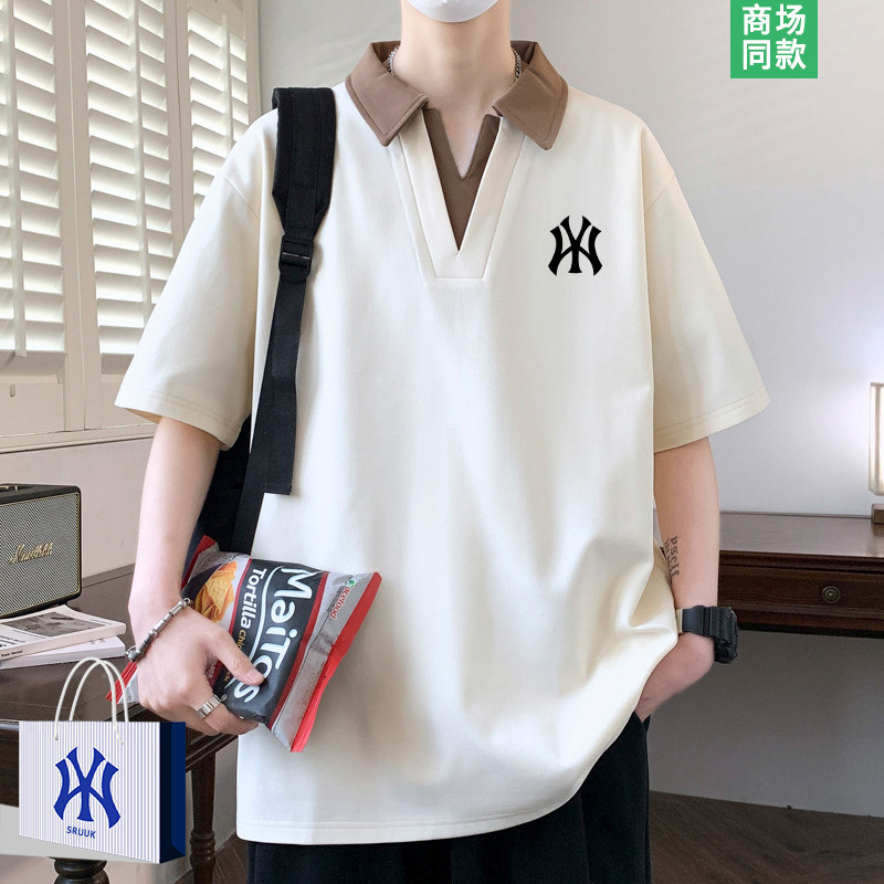 【奥莱精选】v领短袖Polo衫男士夏季潮牌五分袖t恤青少年拼色上衣