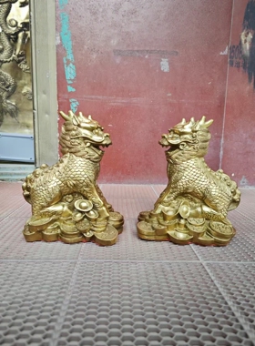 铜麒麟摆件一对护宝麒麟元宝金钱反弓家用客厅天斩路冲店铺办公室