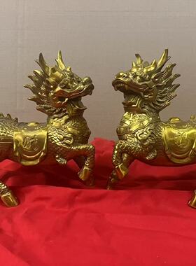 黄铜火麒麟公母一对客厅玄关大中号八卦开业办公室桌招财装饰摆件