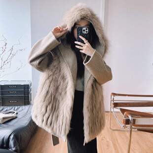 新款 双面羊绒大衣女连帽可拆卸狐狸毛内胆派克服外套冬外贸皮草