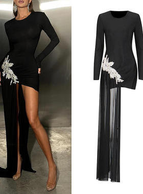 新款性感欧美名媛风2026春季圆领长袖黑色钻花拖地流苏纯色连衣裙