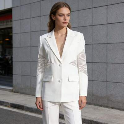 新款 2026春季时尚气质V领镂空透视蕾丝拼接设计感长袖西装外套女