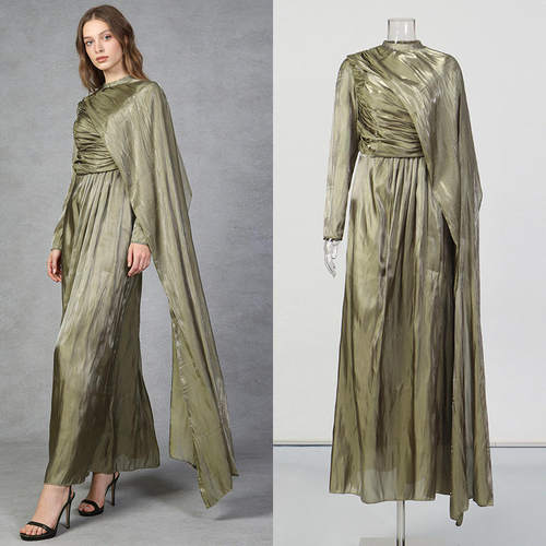 新款缎面流光立领披肩设计长袖长裙礼服2026春季纯色连衣裙常规袖