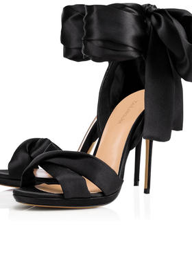 新款外贸大码黑色红色沙丁布高跟凉鞋欧美绑带时装鞋成都货源