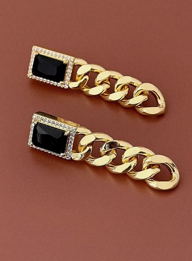 时尚博主 超大金色粗链条耳环女镶钻黑色方形装饰耳饰时尚个性