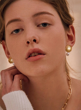 天然巴洛克珍珠复古时尚博主风金色大圆盘耳环女士耳钉无耳洞耳夹