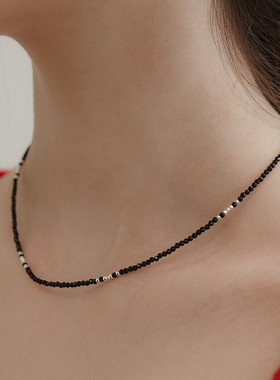 纯银925银黑尖晶刻面锁骨链