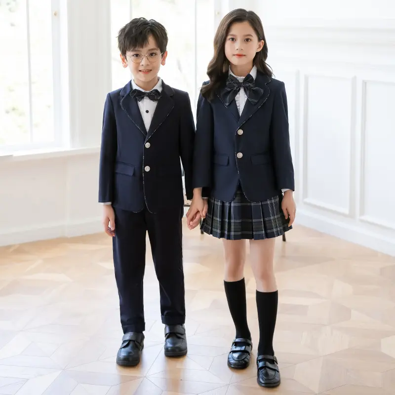 秋冬款儿童加绒西装礼服藏青色长款钢琴表演服学院套装团体服装