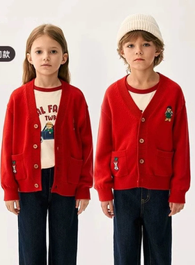 25春男女童同款红色开衫毛衣针织衫百搭舒适休闲宽松TKCK247772N