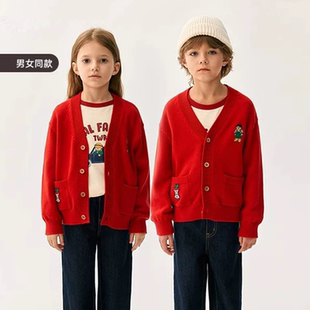 百搭舒适休闲宽松TKCK247772N 毛衣针织衫 25春男女童同款 红色开衫