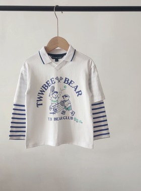 24春款男童假两件翻领长袖T恤衫V领百搭可爱休闲小熊TTLA242302A