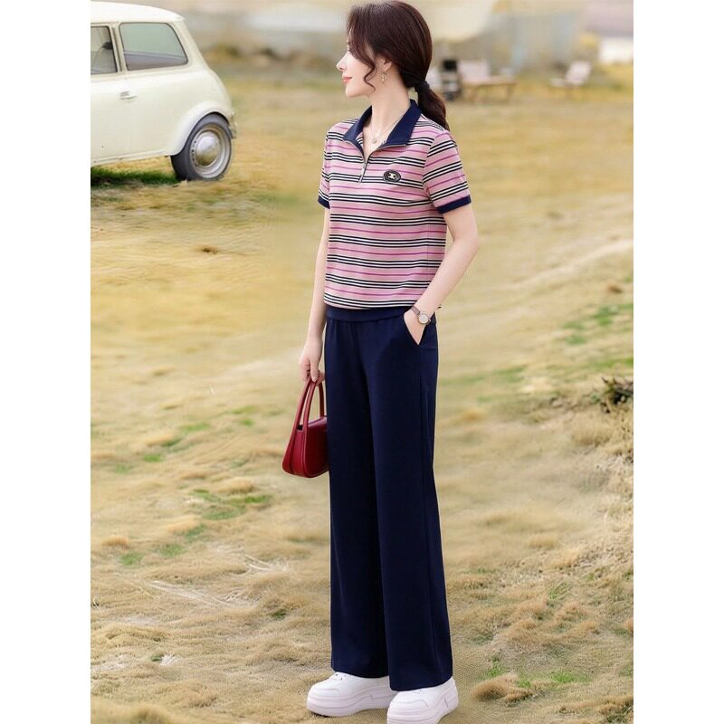 条纹休闲运动服套装显瘦Polo短袖