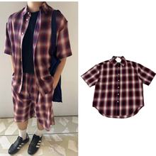 原标AC风格25ss 1996酒红色格纹短袖衬衫check翻领男女同款衬衣潮