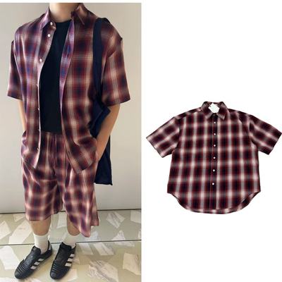 酒红色格纹短袖衬衫男女同款衬衣