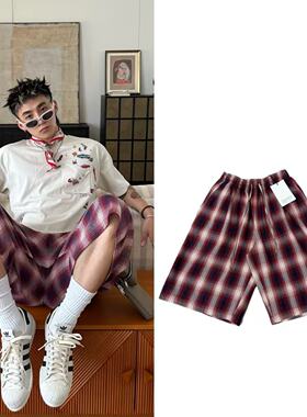 原标AC风格 25SS 格纹撞色抽绳格子短裤夏季休闲宽松阔腿短裤男潮