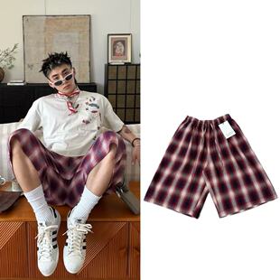 夏季 原标AC风格 25SS 格纹撞色抽绳格子短裤 男潮 休闲宽松阔腿短裤