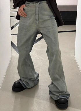 原标RO暗黑风做旧天空蓝水洗喇叭阔腿显瘦堆积拖地压皱猫须牛仔裤