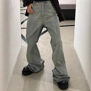 原标RO暗黑风做旧天空蓝水洗喇叭阔腿显瘦堆积拖地压皱猫须牛仔裤