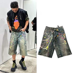 原标AC风格糖果链条3D错视印花直筒阔腿牛仔短裤五分裤男女同款潮