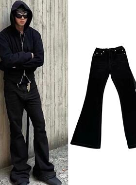 原标Ro主线小众暗黑高弹力拖地纯黑色磨毛牛仔裤阔腿喇叭裤显瘦潮