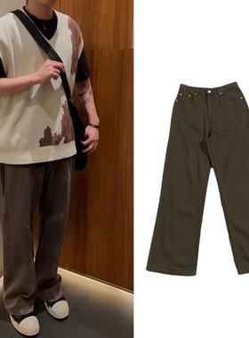 RO风格Storbe Geth棕色水洗磨毛直筒微喇牛仔长裤pengiri同款潮裤