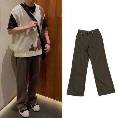 RO风格Storbe Geth棕色水洗磨毛直筒微喇牛仔长裤pengiri同款潮裤