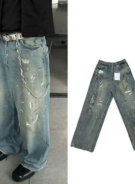 AC风格 24SS baggy手工泼墨做旧廓形牛仔裤休闲宽松直筒长裤潮裤