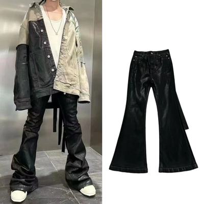 原标RO风格23ss暗黑刷蜡涂层纯黑色高弹飘带牛仔裤阔腿微喇叭裤男