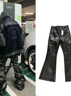 RO原标暗黑风格涂层亮面漆皮纯黑色牛仔裤阔腿拖地微喇叭裤男女潮
