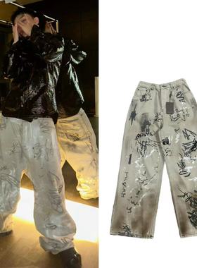 B家223ss白色手绘喷墨涂鸦 baggy 巴黎风格阔腿水洗牛仔裤 吴比同