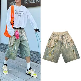 原标 AC风格25ss蕾丝珍珠链条3D数码印花牛仔阔腿五分裤男女潮裤