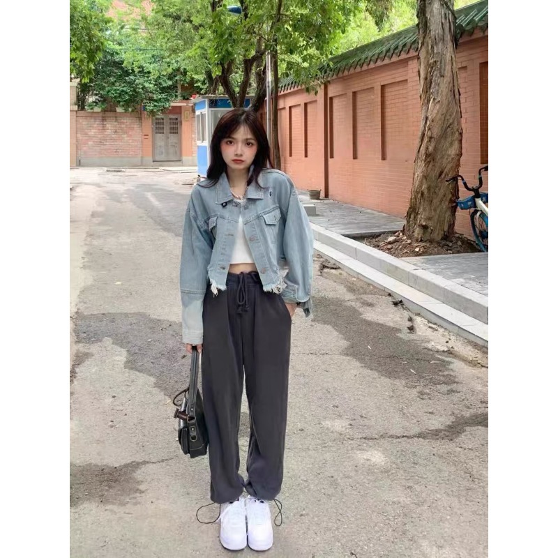 港风复古网红小个子甜酷穿搭短款牛仔外套束脚裤休闲两件套装女秋