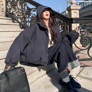 连帽小个子百搭气质棉衣慵懒风冲锋衣女加厚面包服外套夹克美式图片