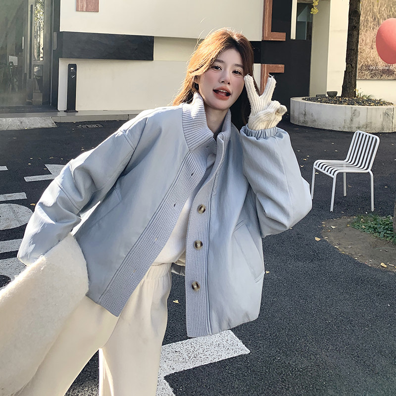 针织拼接立领短款羽绒服女2025冬季新款休闲蓝色蛋白皮白鸭绒外套,女装羽绒服,2C301