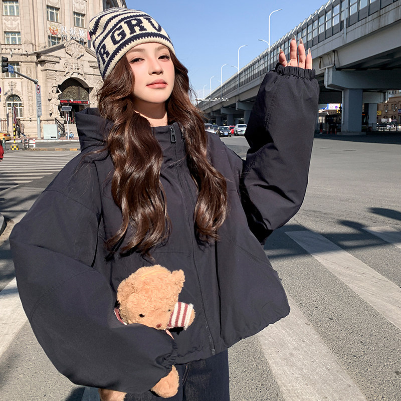 连帽小个子百搭气质棉衣慵懒风冲锋衣女加厚面包服外套夹克美式,女装短外套,2C301